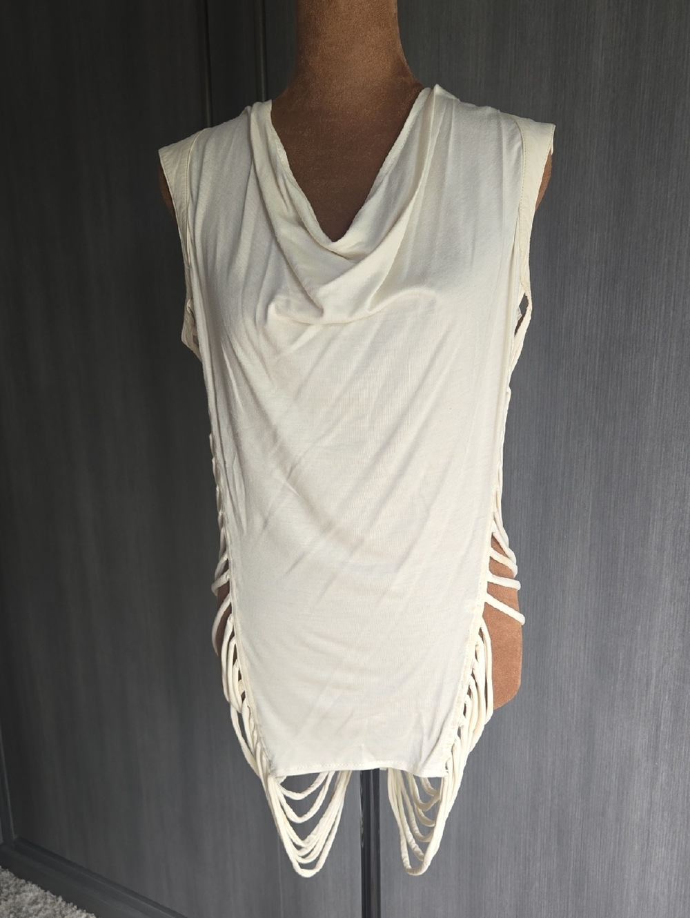 Ivory Sleeveless Cowl Neck Fringe Tank Top - Women